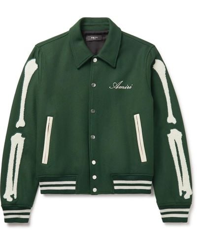 Amiri Bones Leather-trimmed Appliquéd Melton Wool-blend Varsity Jacket - Green