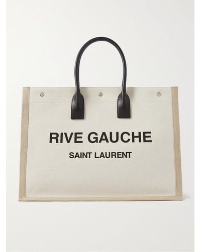 Saint Laurent Tote bag in tela di misto cotone e lino con logo stampato e finiture in pelle - Neutro
