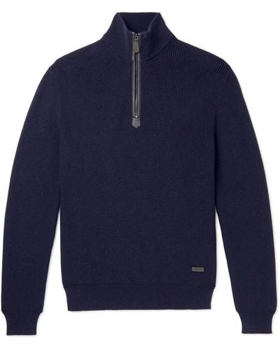 Loro Piana Leather-trimmed Ribbed Wool Half-zip Sweatshirt - Blue