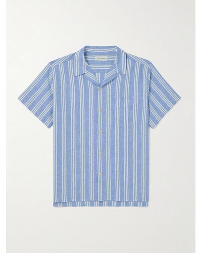 Oliver Spencer Camp-collar Striped Cotton And Linen-blend Shirt - Blue