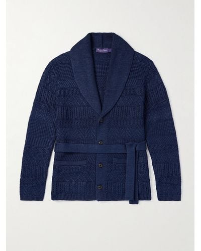 Ralph Lauren Purple Label Shawl-collar Belted Cable-knit Silk And Cotton-blend Cardigan - Blue
