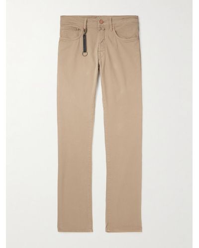 Incotex Leather-trimmed Straight-leg Jeans - Natural
