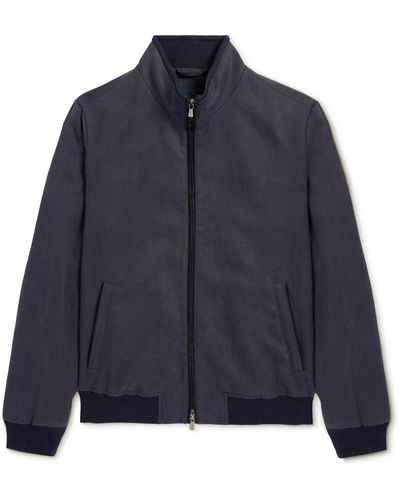 Thom Sweeney Suede-trimmed Linen-twill Bomber Jacket - Blue