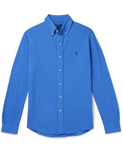 Polo Ralph Lauren Button-down Logo-embroidered Cotton-mesh Shirt - Blue