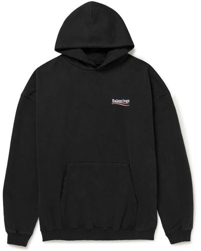 Balenciaga Oversized Distressed Logo-embroidered Cotton-jersey Hoodie - Black