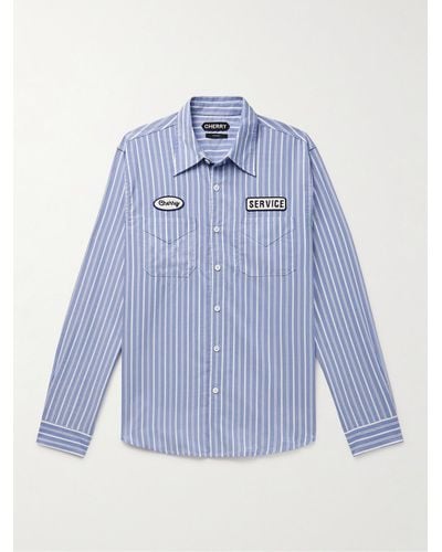 CHERRY LA Appliquéd Striped Cotton And Tm Lyocell-blend Shirt - Blue
