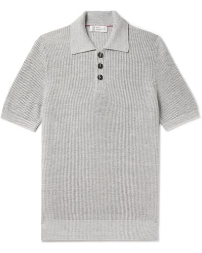 Brunello Cucinelli Ribbed Cotton And Linen-blend Polo Shirt - Gray