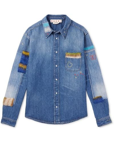 Marni Embroidered Appliquéd Denim Shirt Jacket - Blue