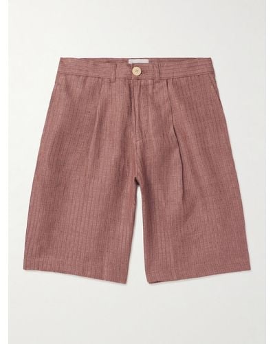 Oliver Spencer Straight-leg Pleated Striped Linen Shorts - Red