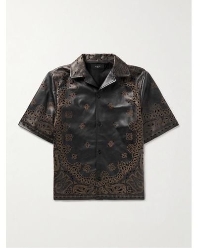 Amiri Hemd aus perforiertem Leder mit Lasergravuren und Reverskragen - Schwarz