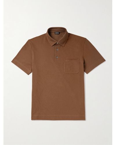 Zegna Leather-trimmed Cotton-piqué Polo Shirt - Brown