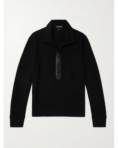 Tom Ford Leather-trimmed Merino Wool Half-zip Sweater - Black