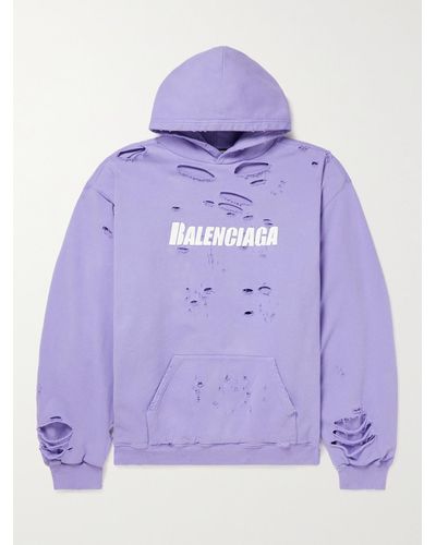 Balenciaga Oversized Distressed Logo-print Cotton-jersey Hoodie - Purple