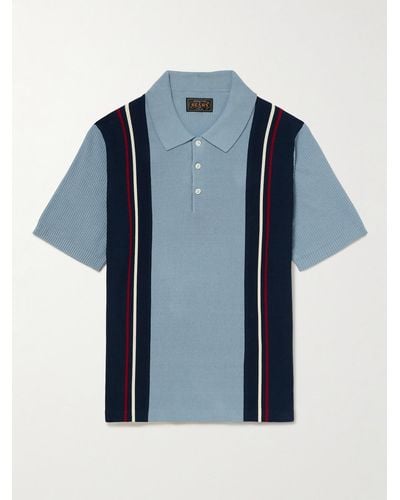 Beams Plus Ribbed Striped Cotton Polo Shirt - Blue