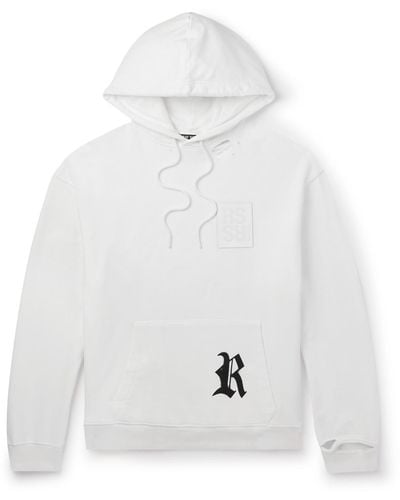 Raf Simons Leather-trimmed Distressed Logo-print Cotton-jersey Hoodie - White