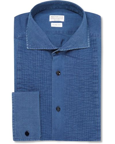 Brunello Cucinelli Blue Slim-fit Bib-front Denim Tuxedo Shirt