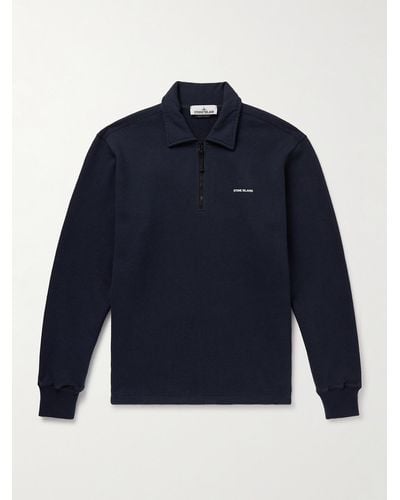Stone Island Garment-dyed Logo-print Cotton-jersey Half-zip Sweatshirt - Blue