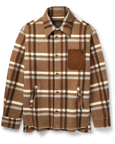 Tod's Suede-trimmed Checked Wool-blend Shirt Jacket - Brown