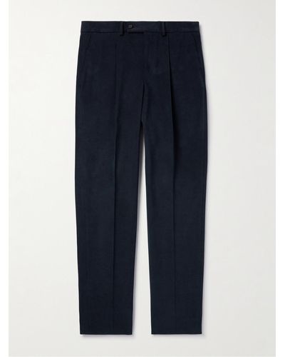 Caruso Straight-leg Pleated Brushed Cotton-blend Twill Trousers - Blue