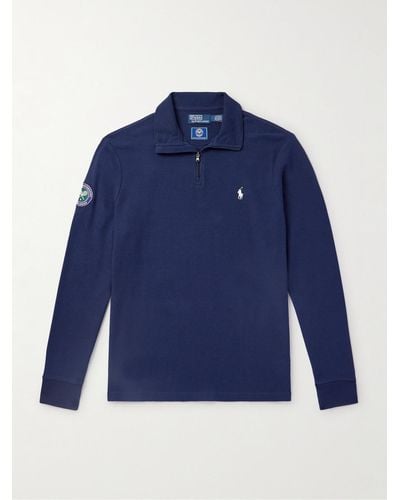 Polo Ralph Lauren Wimbledon Appliquéd Logo-embroidered Cotton-piqué Half-zip Jumper - Blue