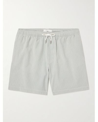 MR P. Straight-leg Mid-length Striped Seersucker Swim Shorts - White