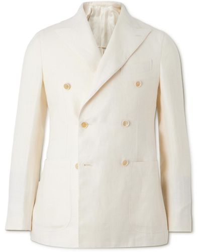 Caruso Slim-fit Double-breast Linen And Wool-blend Blazer - Natural