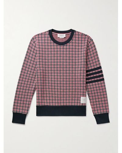 Thom Browne Sweatshirt aus kariertem Jacquard-Strick aus Baumwolle mit Streifen und Logoapplikation - Rot