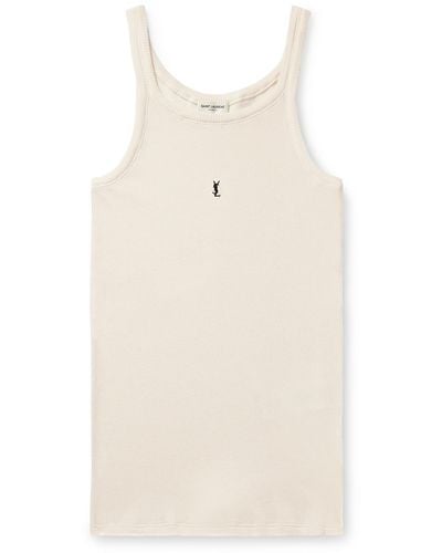 Saint Laurent Slim-fit Logo-embroidered Ribbed Cotton-jersey Tank Top - Natural