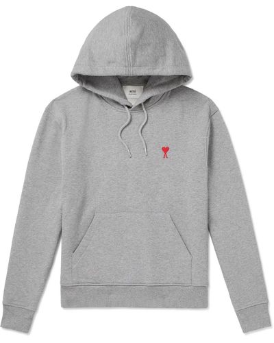Ami Paris Logo-embroidered Cotton-blend Jersey Hoodie - Gray
