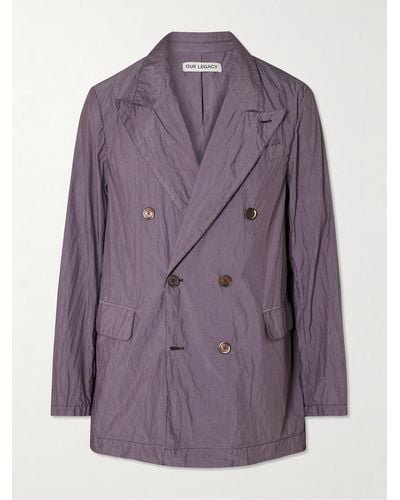 Our Legacy Sharp Double-breasted Crinkled Cotton-blend Poplin Blazer - Purple