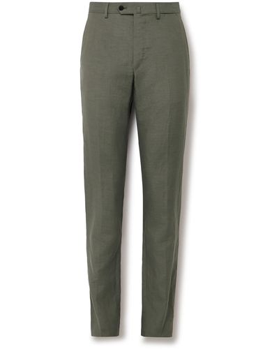 Caruso Slim-fit Tapered Slub Silk And Linen-blend Pants - Green
