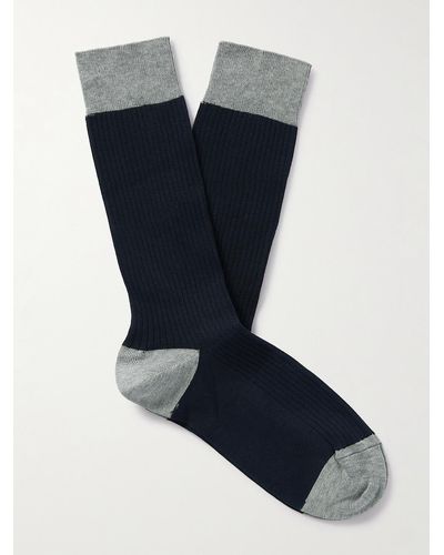 John Smedley Cortland Colour-block Ribbed Sea Island Cotton-blend Socks - Blue