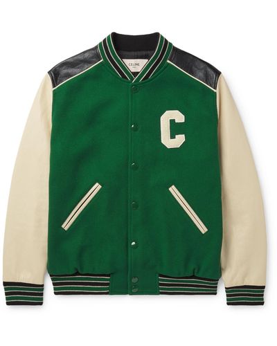 CELINE HOMME Appliquéd Wool-blend And Leather Varsity Jacket - Green