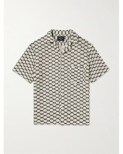 Portuguese Flannel Net Hemd aus einer Baumwollmischung in Häkeloptik mit Reverskragen - Weiß