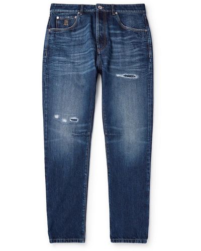 Brunello Cucinelli Slim-fit Tapered Logo-embroidered Distressed Jeans - Blue