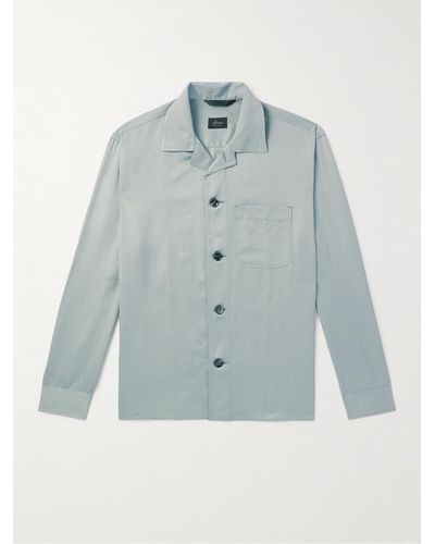 Brioni Camp-collar Silk And Linen-blend Twill Overshirt - Blue