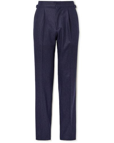 Thom Sweeney Slim-fit Straight-leg Pleated Cotton-blend Pants - Blue