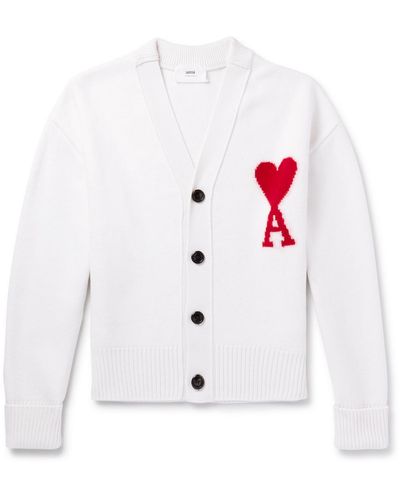 Ami Paris Logo-intarsia Merino Wool Cardigan - White