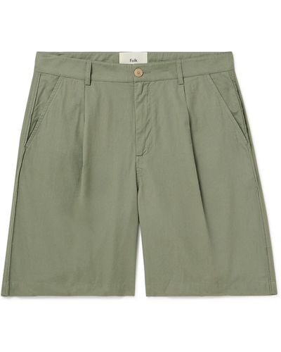 Folk Wide-leg Pleated Garment-dyed Cotton-twill Shorts - Green