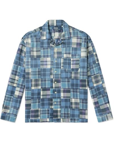 Polo Ralph Lauren Convertible-collar Patchwork Checked Cotton-madras Shirt - Blue