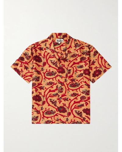 Karu Research Camp-collar Floral-print Silk Shirt - Red