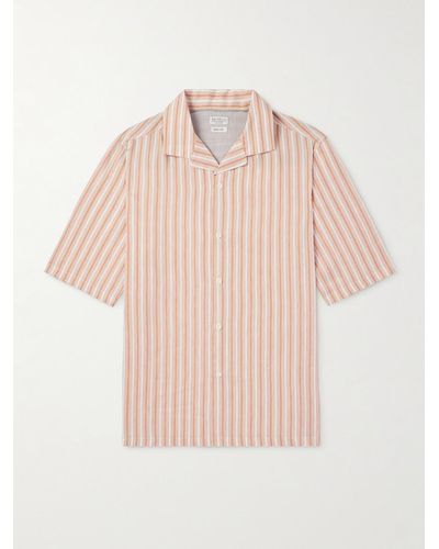 Brunello Cucinelli Camp-collar Striped Linen And Lyocell-blend Shirt - Pink