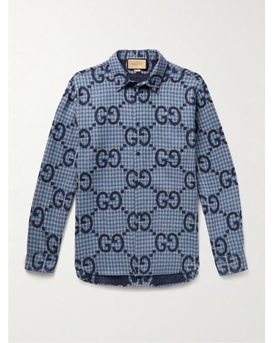 Gucci Camicia in lana a quadri con logo jacquard - Blu