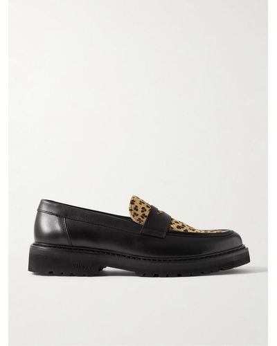 VINNY'S Richee Leopard-print Calf Hair-trimmed Leather Penny Loafers - Black