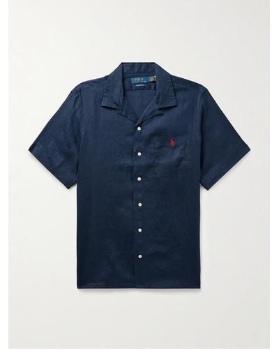 Polo Ralph Lauren Camicia in lino con colletto convertibile e logo ricamato Clady - Blu