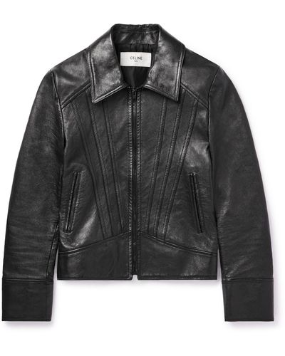 Celine Homme Men's Studded Logo-Print Leather Bomber Jacket