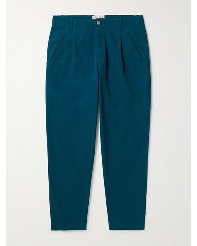 Folk Assembly Tapered Cropped Pleated Cotton Trousers - Blue
