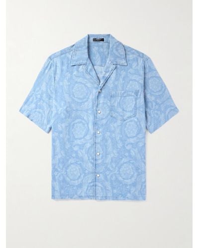 Versace Hemd aus Baumwoll-Chambray mit Jacquard-Muster und Reverskragen - Blau