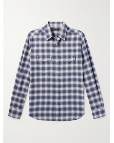 Tom Ford Shadow Checked Cotton-poplin Western Shirt - Blue