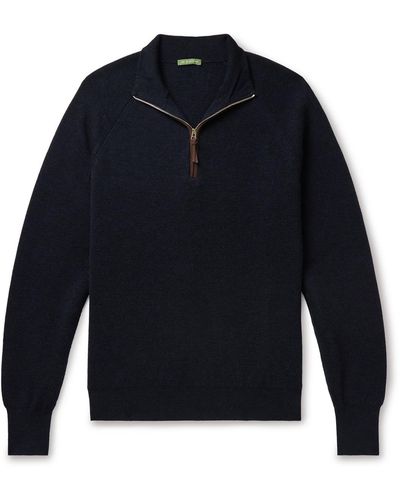 Sid Mashburn Slim-fit Suede-trimmed Merino Wool Half-zip Sweater - Blue